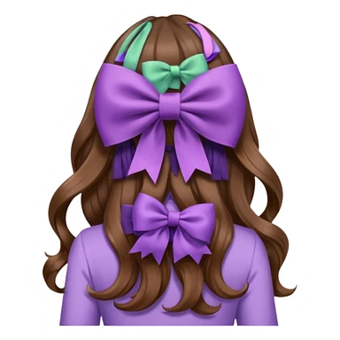 long wavy brown hair from behind with a medium lilac bow sticker