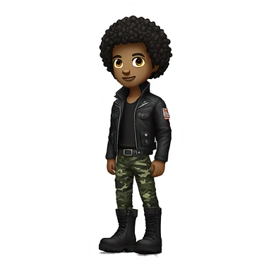 A dark skinned curly haired punk guy with urban camo pants and tactical boots and wearing a Leather jacket sticker