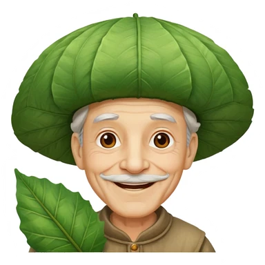 an old man wearing a large leaf hat sticker
