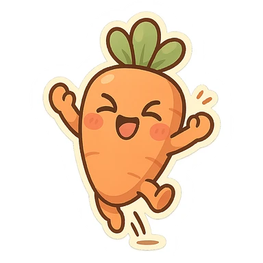 chibi sticker-style carrot, cute and exaggerated, jumping with excitement sticker