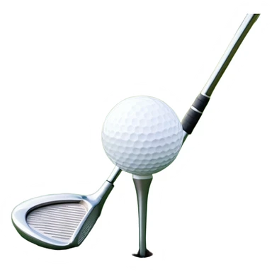 A golf ball on a tee with a golf club placed beside it, set against the backdrop of a well-manicured green golf course. The scene emphasizes the equipment and serene atmosphere of the sport, with soft lighting and a peaceful, open landscape sticker