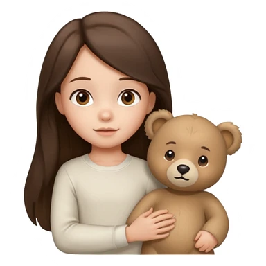 Brunette little girl, long hair, white long sleeve, with beige bear sticker