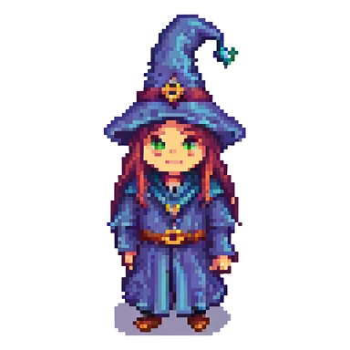 strange wizard, quirky and colorful, pixel art style sticker
