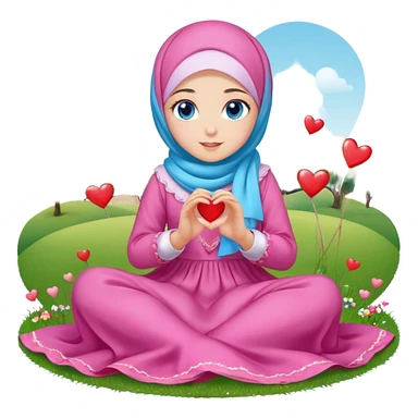 Turkish beautiful finish Konya girl blue eyes with candy hijab long tail dress and sits on the grass on the ground and sends hearts with her hand  sticker