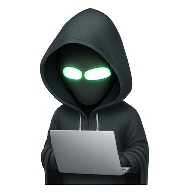 hooded man with a laptop wearing a mask with glowing white eyes sticker