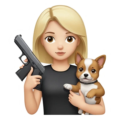Blonde girl with brown eyes holding a glock in one hand and a puppy in another hand sticker
