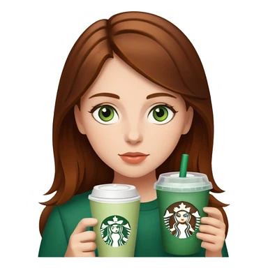 Brown haired girl with green eyes and straight hair drinking Starbucks sticker