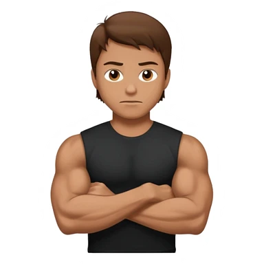 man with brown hair who is strong wearing black t shirt not smiling muscles sticker