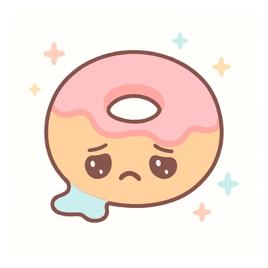 a donut with white creme leaking out, tired face, kawaii style sticker