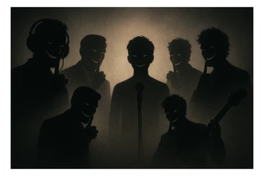 Siluetas y figuras de personas que trabajan en la industria musical, en las sombras, vistas desde lejos, con sonrisas burlonas y aire de superioridad, haciendo una señal con el dedo para pedir que otros hagan silencio o de estar guardando un secreto sticker