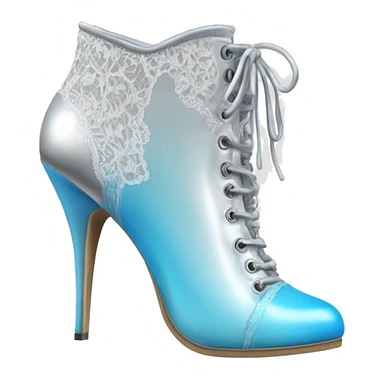 Realistic isolated pair of silver to white ombre high heel bootie boots shoes with sky blue lace and toes pointed forward. sticker