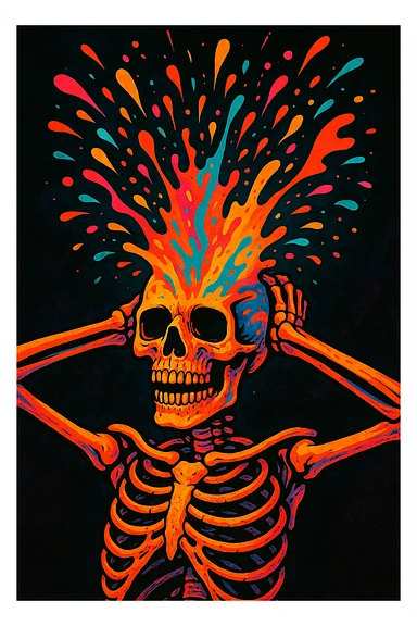 skeleton with hands behind head, head erupting, vivid and eye-catching sticker