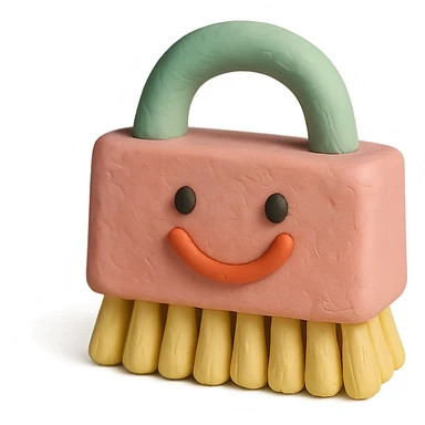 playful cleaning brush with a smiling face in claymation style, pastel colors sticker