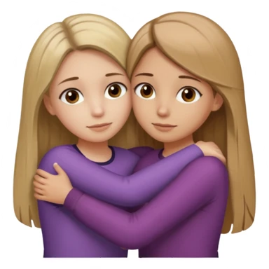 Two girls are hugging. One has dirty blonde hair with a little reddish in it. She has also grey eyes. Her hair is long and straight. The other girl has dark brown hair with hazel eyes sticker