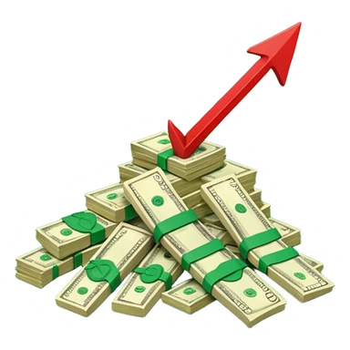 a pile of money infront of strategy paper with one red arrow up sticker