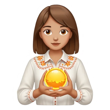 A young Ukrainian girl with brown hair wearing a white embroidered shirt holds the sun in her hands sticker