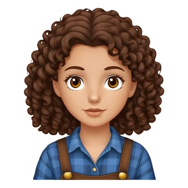 white girl with dark brown curly hair, brown eyes, wearing farm clothes sticker