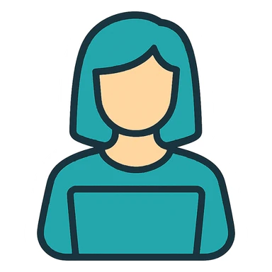 Icon style illustration of a teal woman at a laptop, simple, clean, minimal design, matching the reference image. sticker