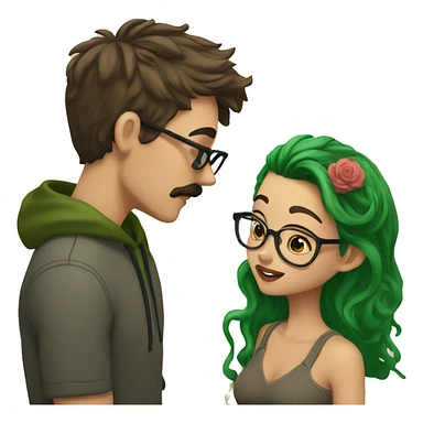 A heavy set boy with brown hair and a mustache is kissing a green haired girl who is thin and wearing glasses both have tattoos sticker