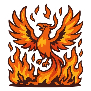 a powerful phoenix rising from ashes, intense flames, dynamic movement sticker