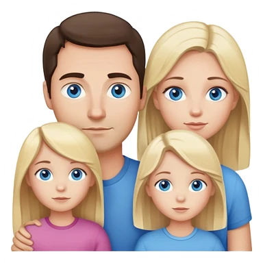 Family portrait with father with dark brown hair and blue eyes, mother with light brown hair and blue eyes, three blonde little girls with blue eyes sticker