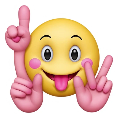 The image is a digital illustration of a yellow smiley face with big, round eyes and a big smile. The face is holding a pink tongue sticking out and making a 67 with its fingers. Above the face, The background is white. Like this but get rid of the text sticker