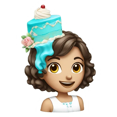 Brunette girl with highlights of cyan with cake sticker