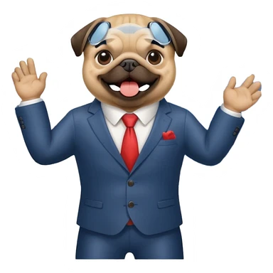 A pug in a suit in front of a stock chart with a rising trend sticker