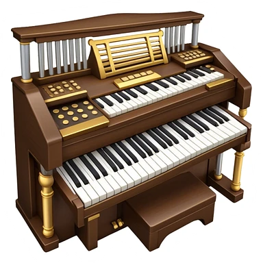 Create an elegant and majestic emoji representing a classical organ. The design should feature the grand pipes of the organ in the background, with visible details of the keys and pedalboard in the foreground. The pipes should be tall and impressive, with a mixture of gold, silver, and metallic shades to emphasize the grandeur of the instrument. The keyboard and pedals should be well-defined, capturing the intricate craftsmanship of the organ. Use dark wood tones and gold accents for the body of the instrument to give it a rich, historic feel. Add subtle musical notes around the organ to evoke its deep, resonant sound. The background should be transparent. sticker