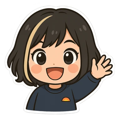 Make this exact chibi girl look happy and waving, keeping the same anime chibi style, face, hair, and outfit. Add a big smile, bright eyes, and her hand raised in a waving gesture. Maintain the chibi stickers style. Transparent background, sized for Twitch emoji use. sticker