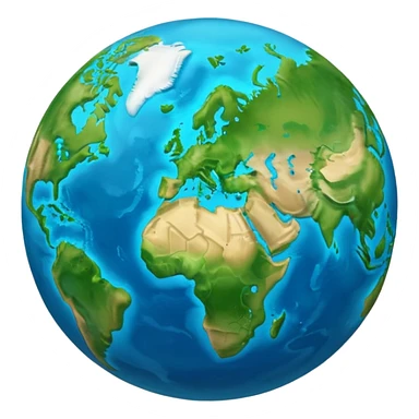 A 3D emoji in iOS emoji aesthetic style of planet Earth, showing blue oceans and green continents, soft glow effect, glossy surface, minimal white background, realistic Apple-style lighting sticker