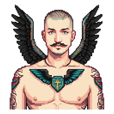 pumped up white male, buzz cut black hair, handlebar mustache black, two wings tattooed on his chest sticker