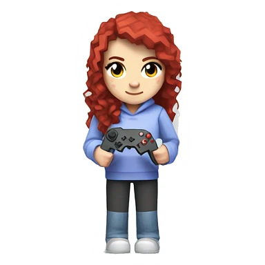 a white minecraft  girl with long red curly hair, wearing periwinkle Minecraft hoodie holding a controller sticker