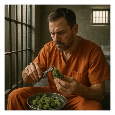 A man sitting in a jail cell, trimming cannabis buds with scissors, clearly showing the jail environment and the act of trimming cannabis. sticker