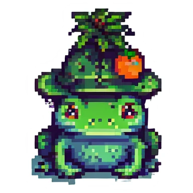 pixel art frog with a persimmon leaf hat, playful and whimsical sticker