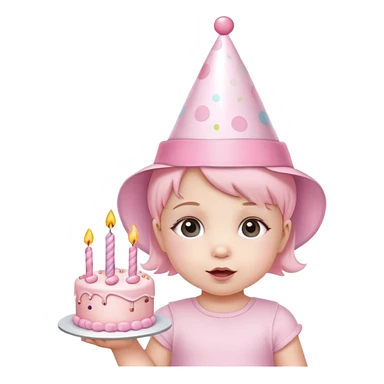 cute baby girl with pastel pink birthday hat and pink birthday cake sticker