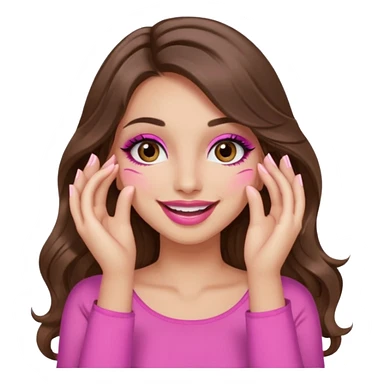girl with long wavy brown hair, brown eyes, long lashes makeup, sexy pink lips, light to medium complexion, pink sexy top, smiling, hand covering eyes sticker