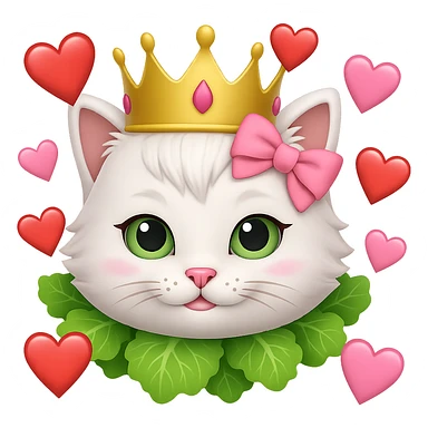 Add hearts around a white cat with a pink bow and a green lettuce crown in emoji style, no background. sticker