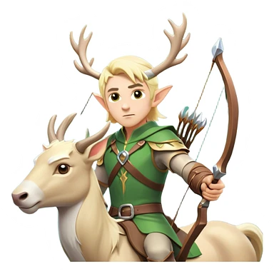 clash-of-clans-aesthetic-blond-male elf-archer-portrait-emoji, rendered in a flat, vector-style with minimal shading and bold, simplified shapes, head tilted slightly forward with a determined, focused expression, riding a majestic white stag whose antlers glow with mystical energy, set against an ancient, enchanted forest backdrop. sticker