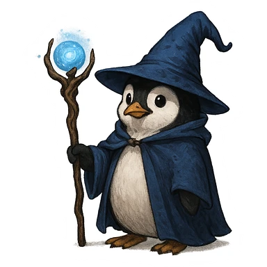penguin wizard, magical staff, wearing a wizard hat sticker