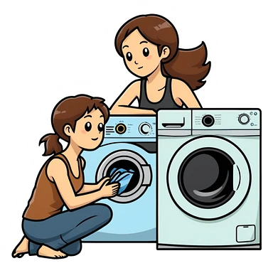 Caucasian woman with brown hair and huge boobs wearing a tank top kneeling next to washer and dryer sticker
