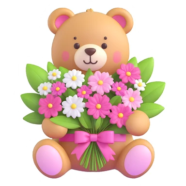 a teddy bear with a pink bow on its head, holding a bouquet of white flowers with green leaves and pink accents, and small pink hearts floating around sticker