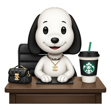 snoopy in a desk with starbucks and his chanel purse sticker
