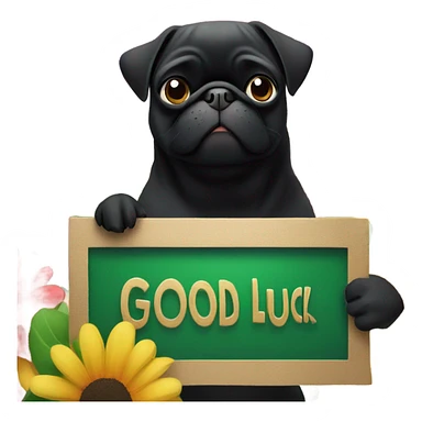Black pug , surrounded by flowers, holding a green sign that says “good luck”  sticker