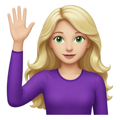 lady with long wavy blonde hair, purple top, green eyes, waving hello sticker