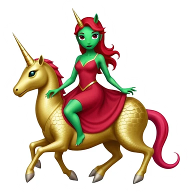 "reptilian green alien woman" in "long slim dark red dress", rides, "unicorn gold and white"
 sticker