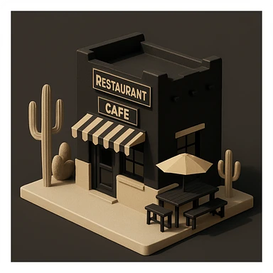 isometric exterior of a little southwestern restaurant, black, beige, and white color palette, dollhouse style, 3D realistic sticker