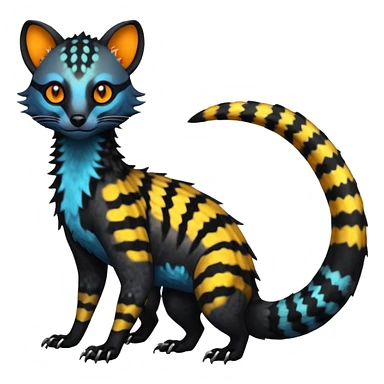 Rare warm-colored exotic edgy epic aesthetic spooky dark modern colorful cyber-Genet-Trico-Salandit-Civet-species-Fakemon-hybrid-creature, with beautiful intricate markings, full body sticker