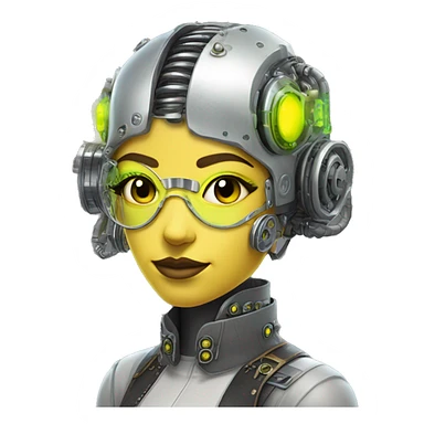 Caucasian female cyborg head with Neon yellow bobbed hair, silver steampunk goggles and circuits sticker