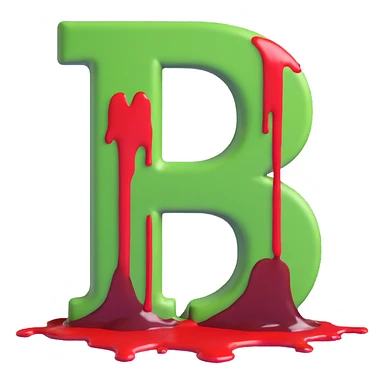 3D graffiti style green letter B with red blood slowly dripping, dark urban background, cinematic lighting, black wall sticker